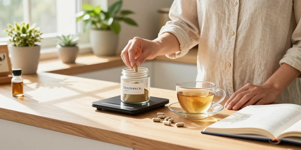 Happy Go Leafy Kratom wellness scene with Kratom powder and herbal tea in a bright kitchen.