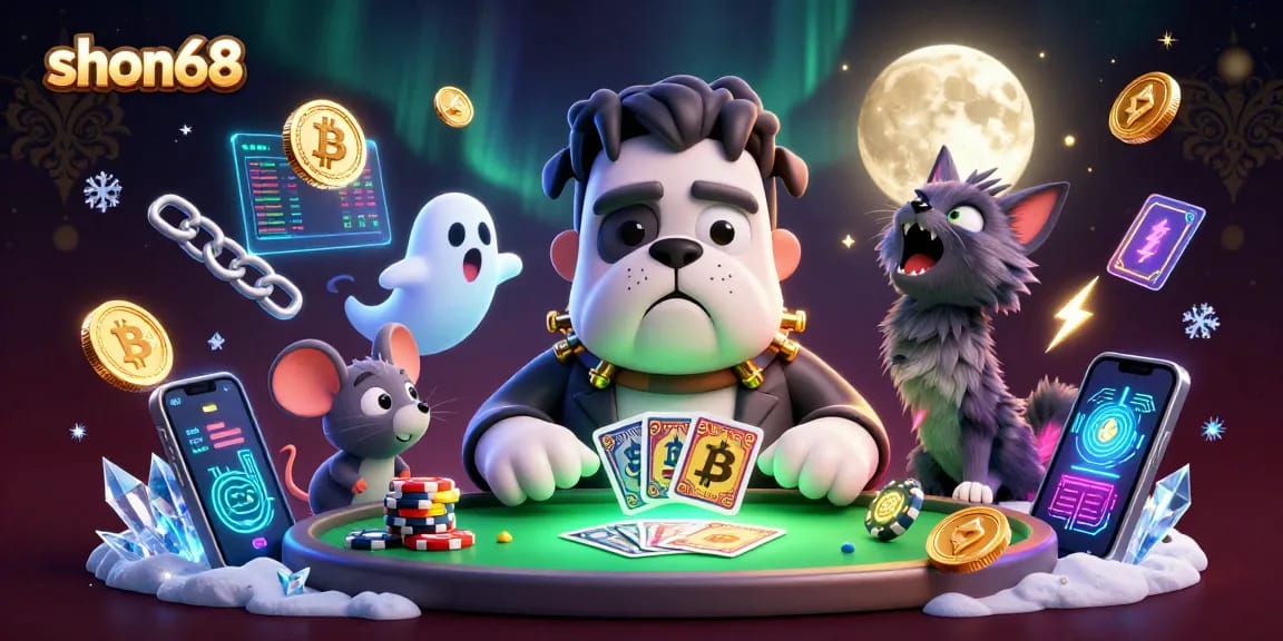 Experience shon68 as a 3D cartoon bulldog monster deals cards at a spooky table, highlighting thrilling gambling.