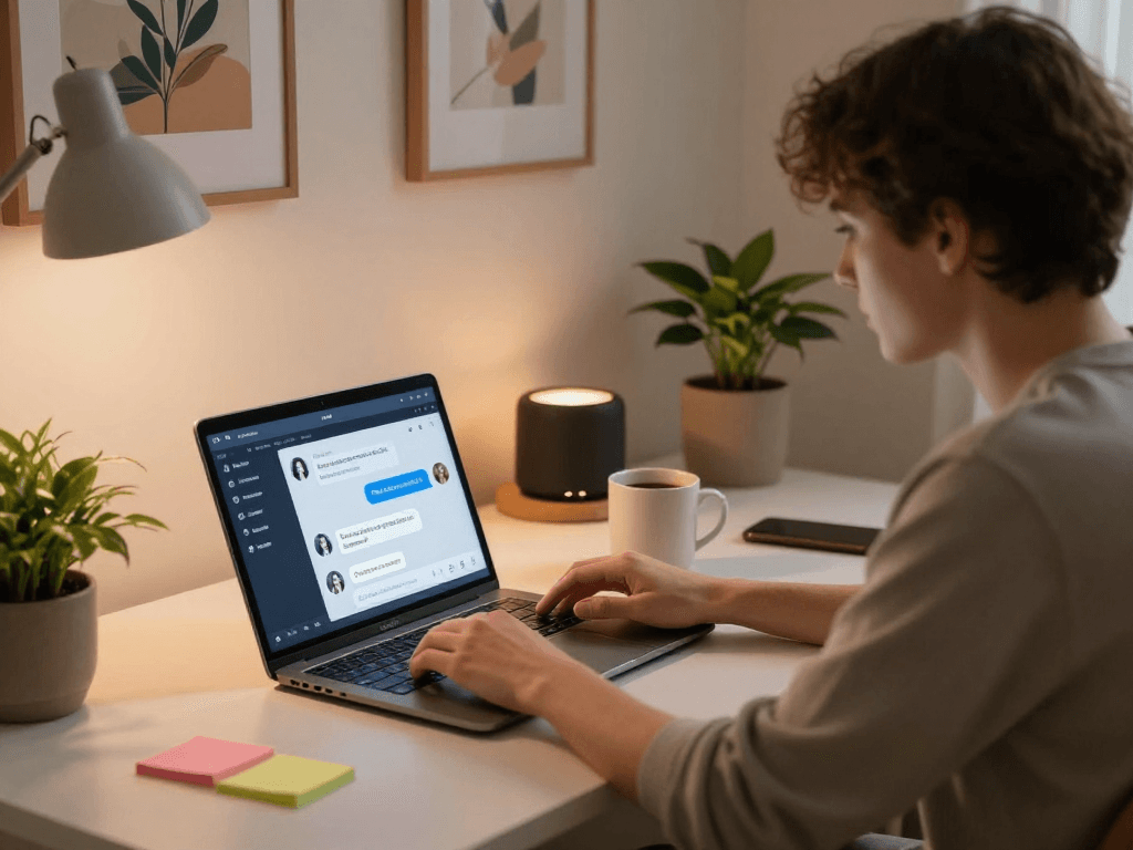 Engaging home office scene showcasing ai sex chat interaction on a laptop with a warm, inviting atmosphere.