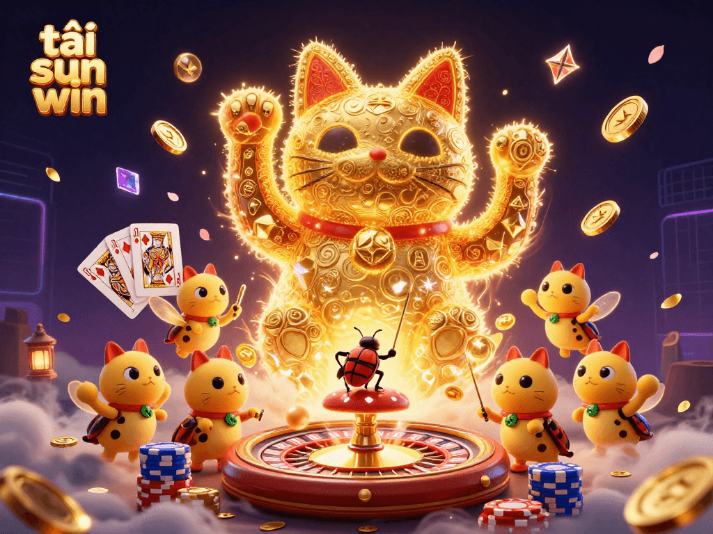 Experience the excitement of tải sun win with a dynamic 3D illustration featuring a lucky cat and casino symbols.