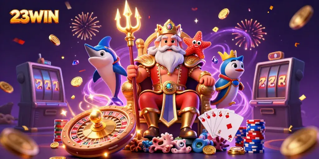 Play exciting games with 23WIN in a vibrant casino environment featuring Neptune and gold coins.