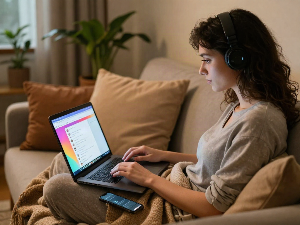 Engaging in ai sex chat on a cozy laptop setup, showcasing an inviting atmosphere.