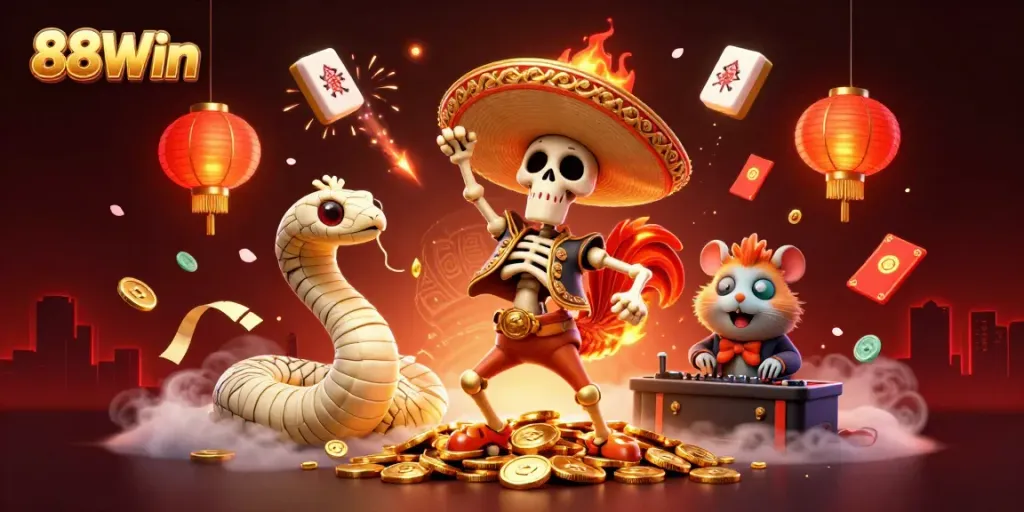 Celebrate wins with 88Win in an ultra-detailed 3D illustration of vibrant casino elements.