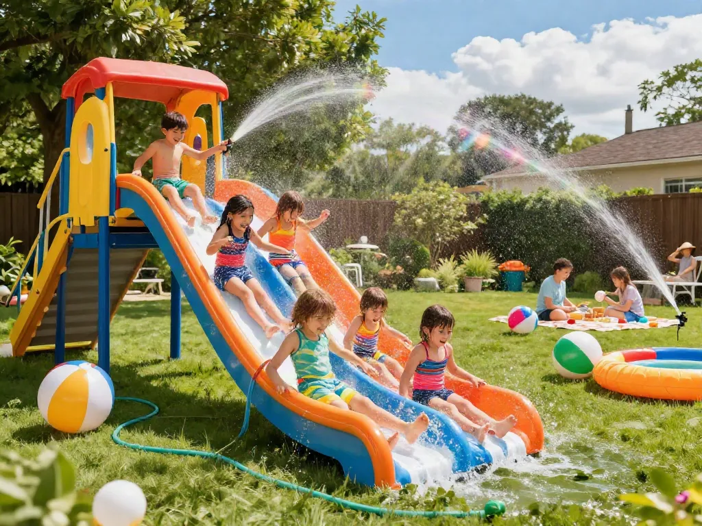 Children enjoying a slip and slide during a sunny summer day, laughter and splashes filling the air.