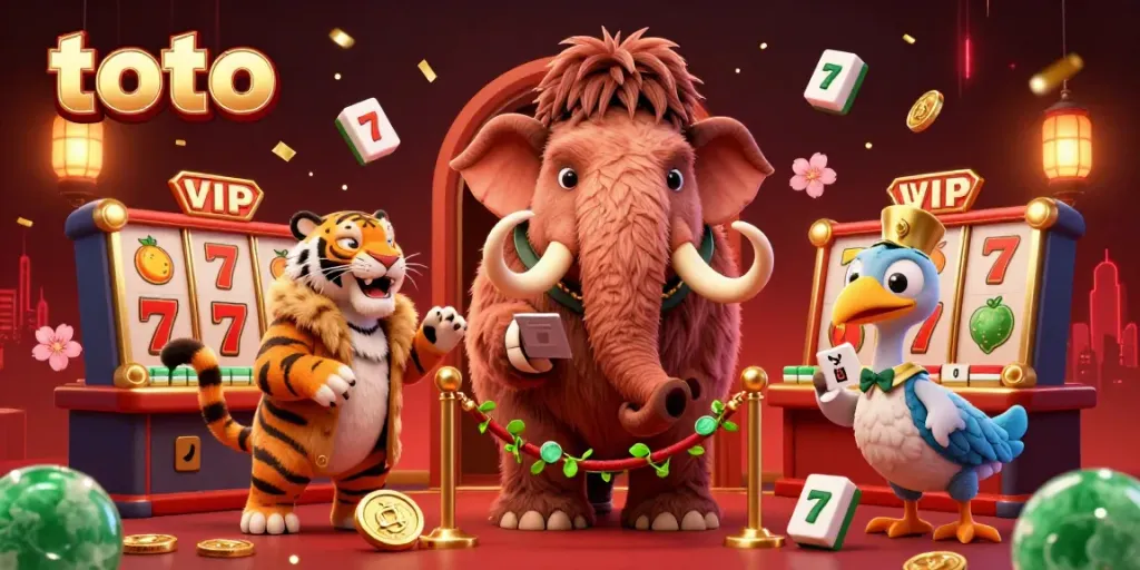 Engage with toto's vibrant gaming world, featuring a mammoth bouncer and a saber-tooth guest in a lively casino scene.