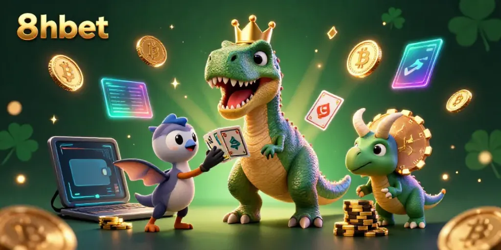 Engage in the thrilling world of 8xbet with animated dinosaurs playing cards and stacking chips amidst vibrant casino elements.