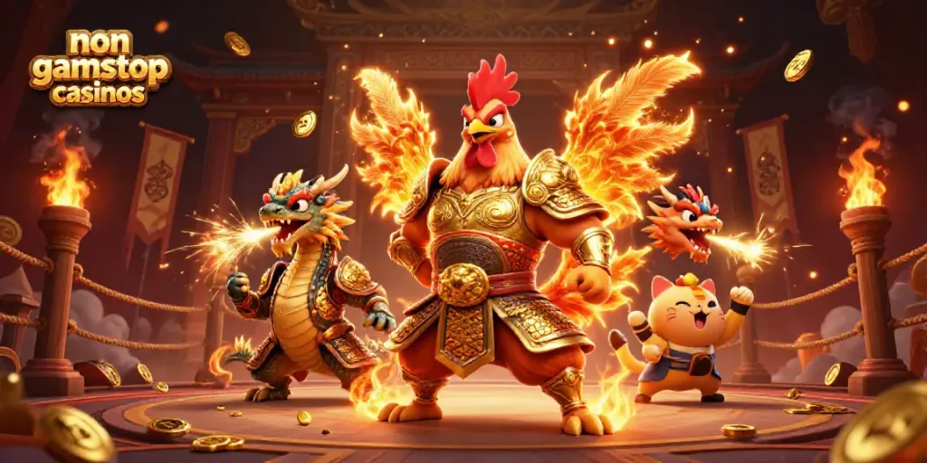 Engage with non gamstop casinos featuring a warrior rooster and dragon in a vibrant casino arena.
