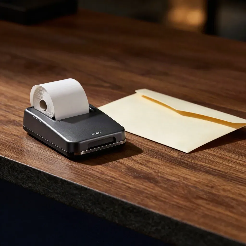 Card reader cradle, receipt roll and sealed envelope on dark oak in dramatic light