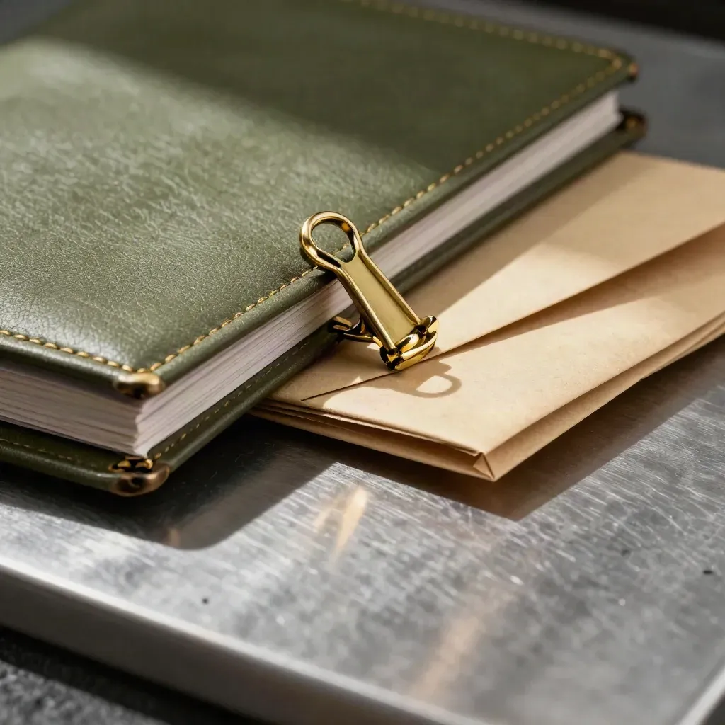 Brass clip on a closed ledger pinning payout envelopes over brushed metal