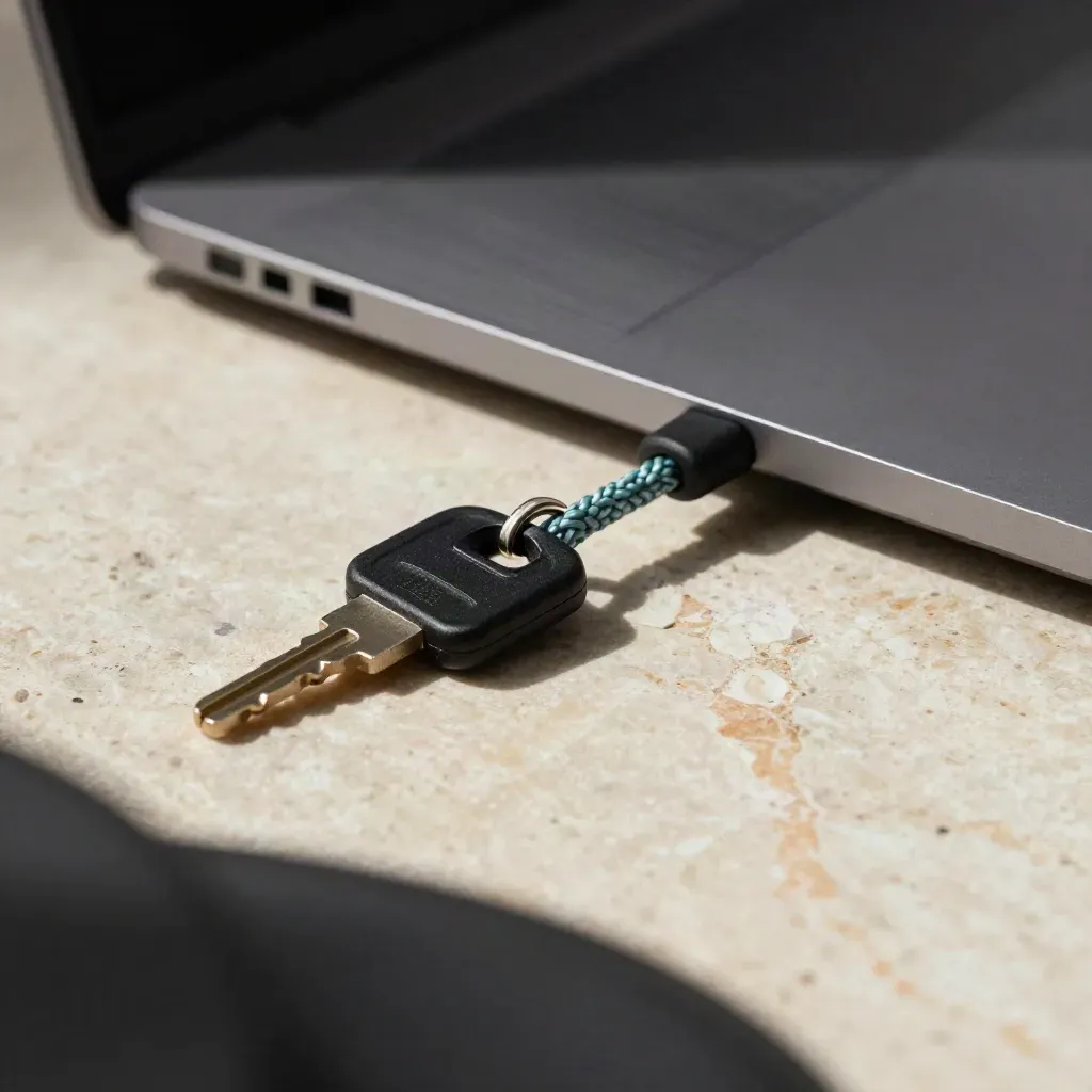 Closed laptop, braided cable and security key on pale stone, lit by skimming side light.