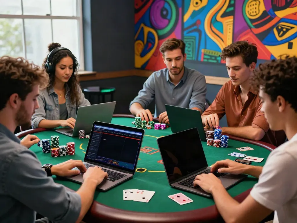 Group enjoying online gaming at credit card casinos with laptops and chips.