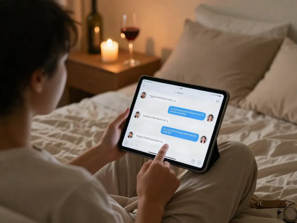 Engaging in ai chat porn conversation on a tablet in a cozy bedroom.