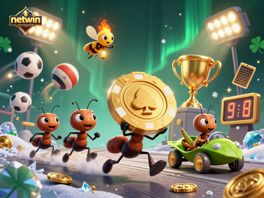 Join the excitement with netwin company as hardworking ants carry a massive poker chip through a dynamic casino tunnel.