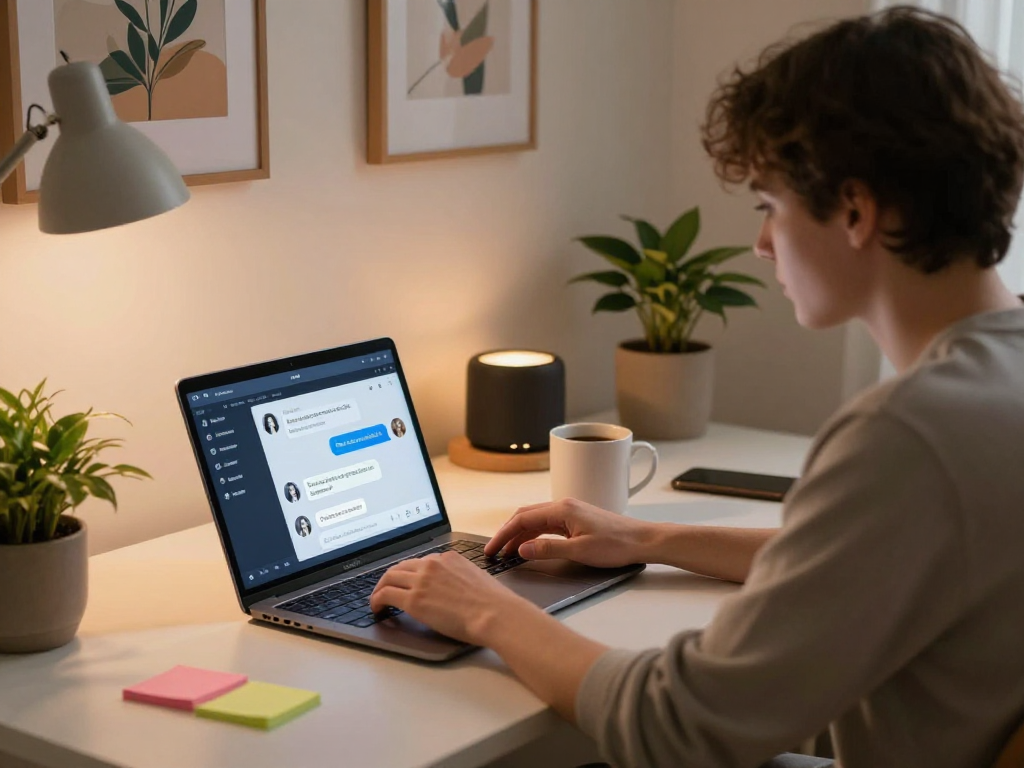 Engaging home office scene showcasing ai sex chat interaction on a laptop with a warm, inviting atmosphere.