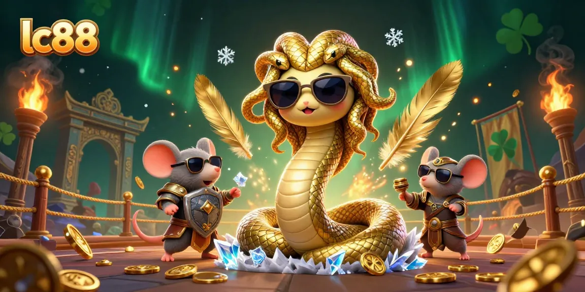 Engage in exciting gaming adventures at lc88 with a lively 3D illustration of friendly Medusa and a brave mouse warrior.