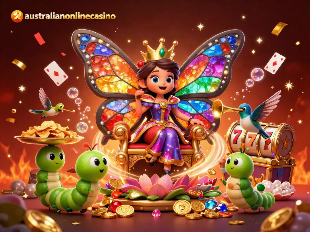 Experience vibrant excitement with australianonlinecasino's butterfly queen and rich slot elements in this 3D illustration.