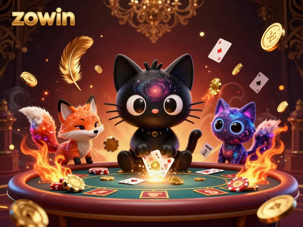 Experience thrilling gambling action with Zowin's cosmic casino scene, showcasing vibrant characters, golden chips, and betting elements.