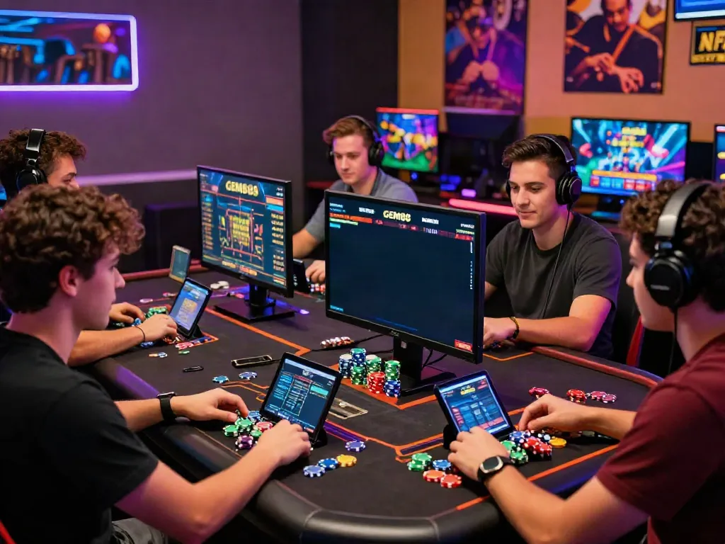 Engaging online gaming scene with friends at nhà cái gem88 showcasing vibrant casino atmosphere.
