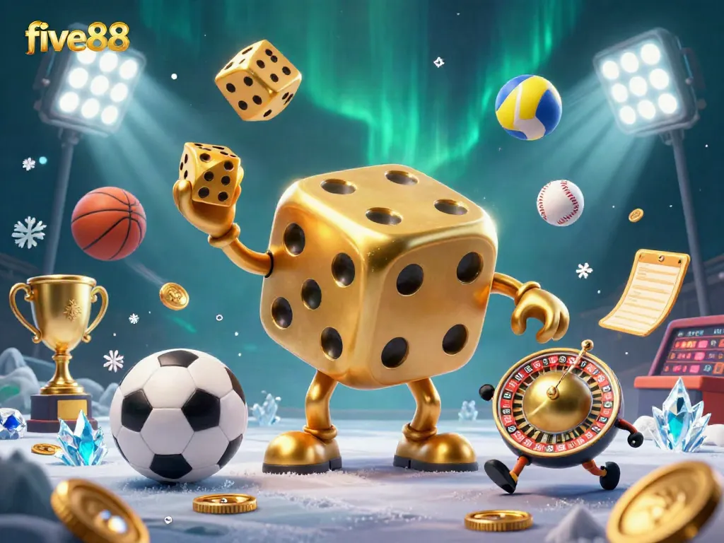 Engaging five88 casino illustration showcasing a golden dice golem juggling and rolling with vibrant casino elements.