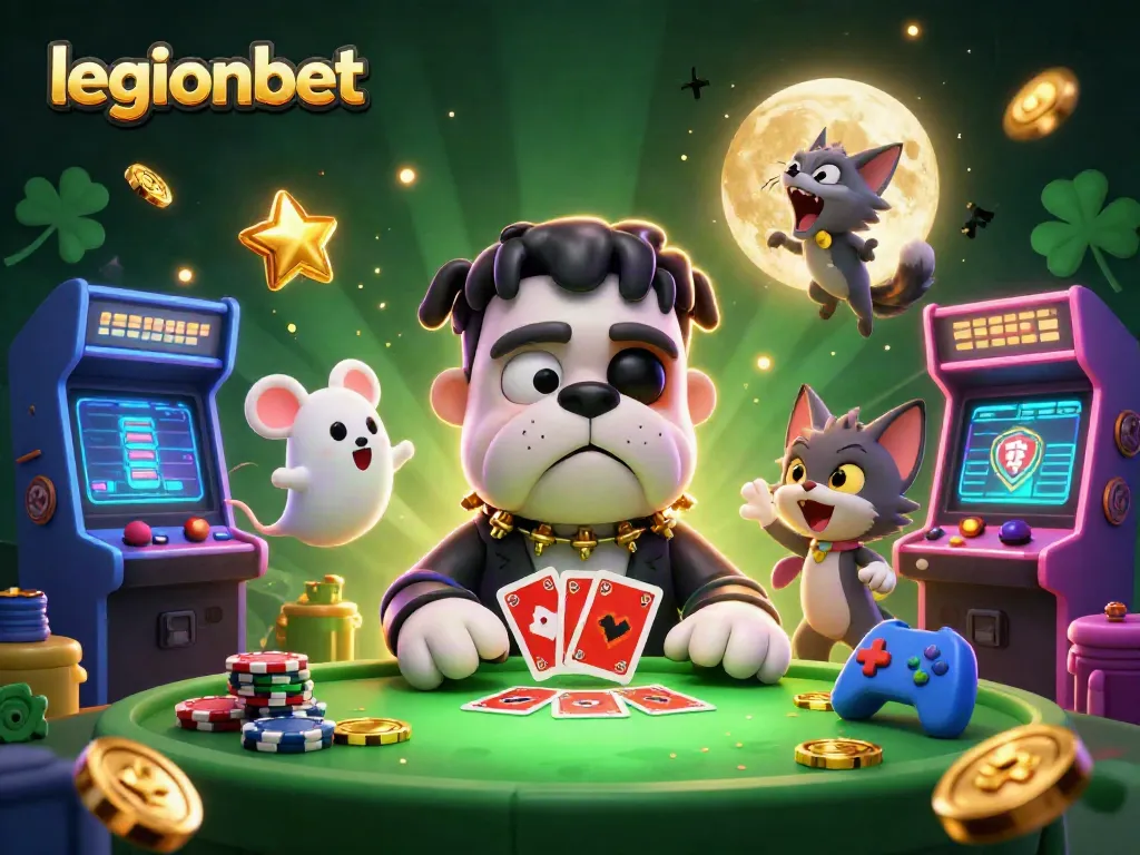 Experience the excitement at legionbet as a Frankenstein bulldog dealer entertains players at a vibrant casino table.
