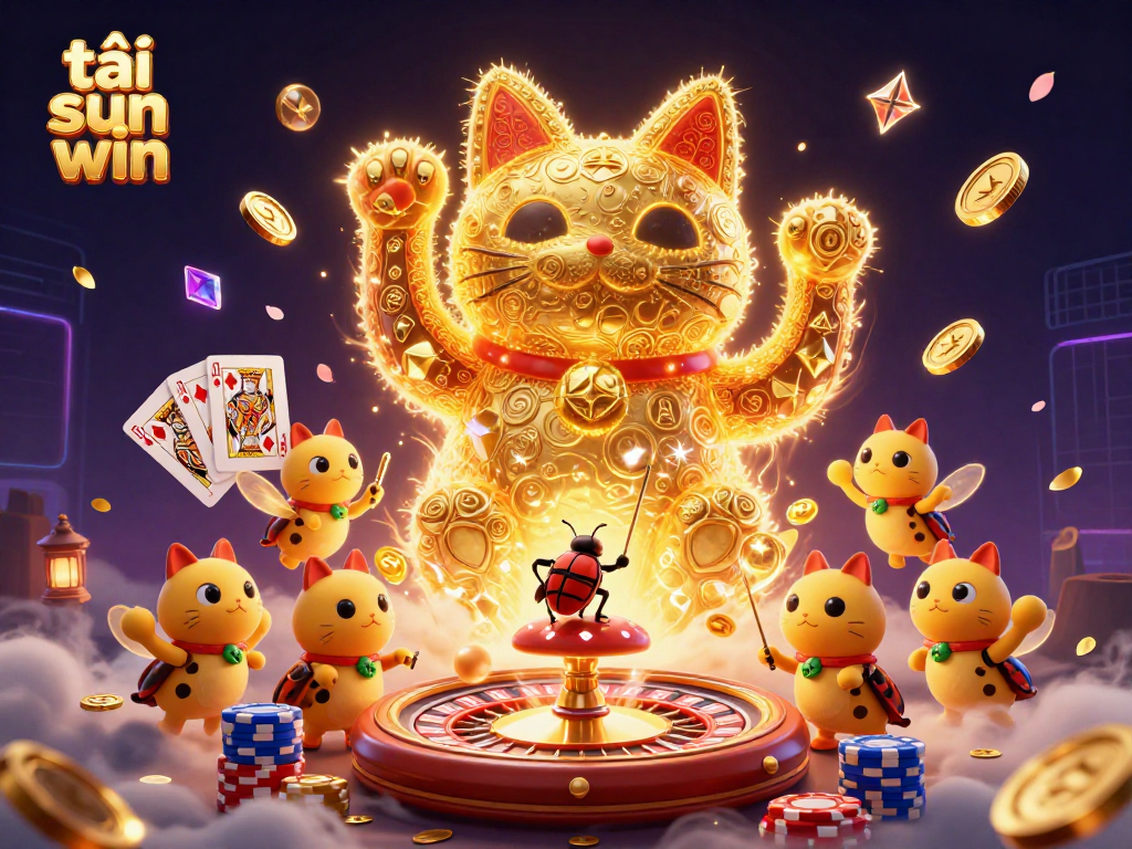 Experience the excitement of tải sun win with a dynamic 3D illustration featuring a lucky cat and casino symbols.