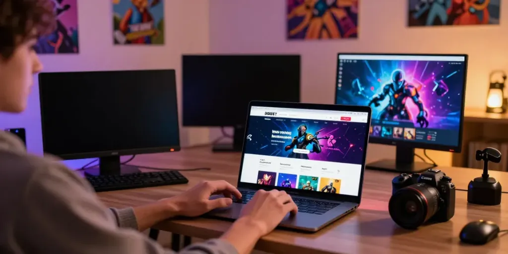 Engaging with http://debet-onl.com on a laptop in a cozy home gaming space.