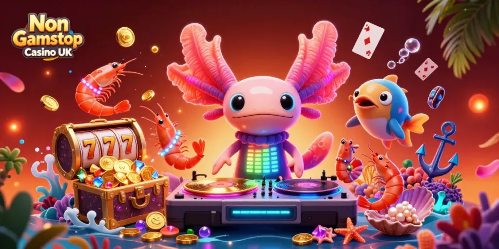 Engaging scene featuring Non Gamstop Casino UK activities with a vibrant axolotl DJ and dancing characters.