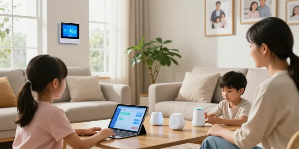 Family discussing their smart thermostat in a cozy living room, emphasizing modern home technology.