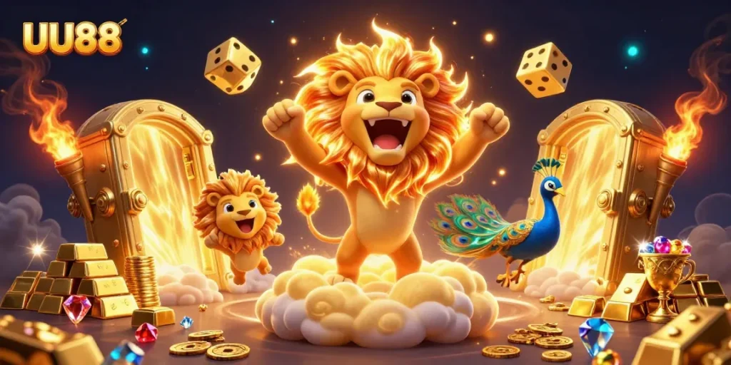 Experience thrilling gameplay at UU88 with a vibrant illustration of a roaring lion, dynamic dice, and shimmering gems.