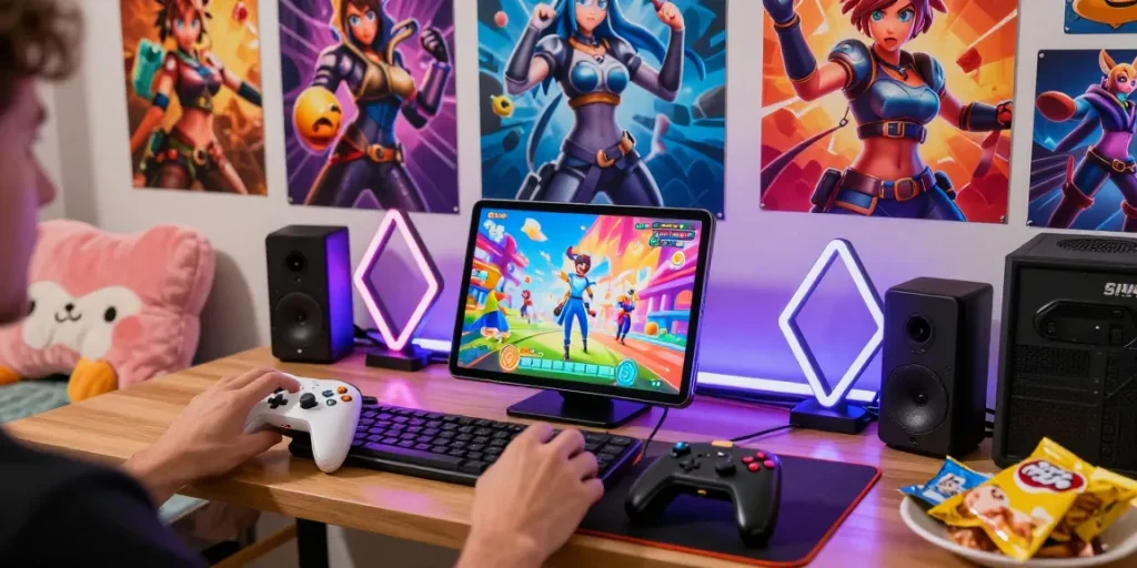 engaging tablet showing hentai game surrounded by gaming props
