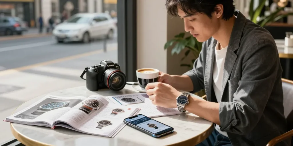 Stylish individual appreciating super clone watches at a cafe with luxury magazines.