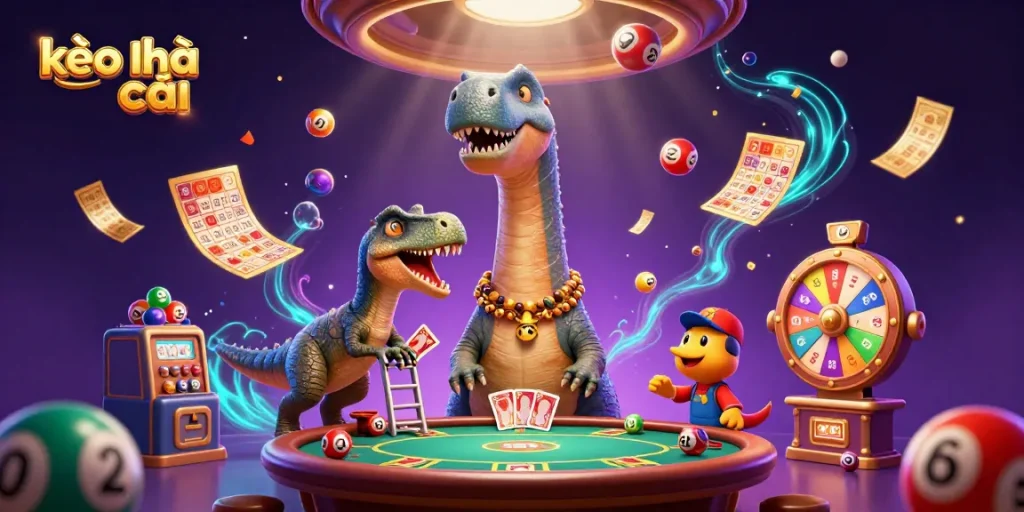 Exciting kèo nhà cái scene illustrating a playful dinosaur in a vibrant casino atmosphere.