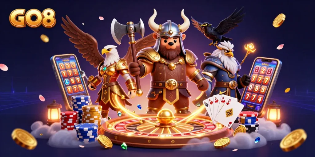 Experience exciting gameplay at GO8 with a Viking berserker, Valkyrie eagle, and dynamic casino elements.