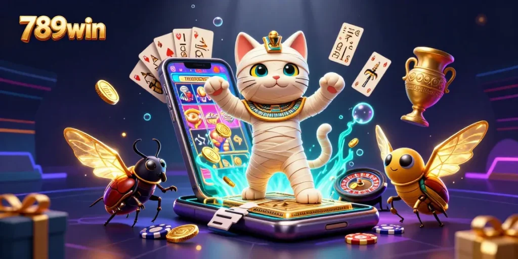 Experience thrilling moments at 789win with our vibrant casino scene featuring an Egyptian mummy cat.