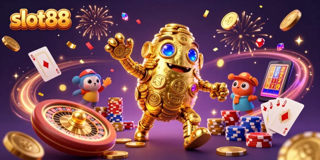 Experience the thrill of slot88 as the golden golem unleashes cascading gems and coins.
