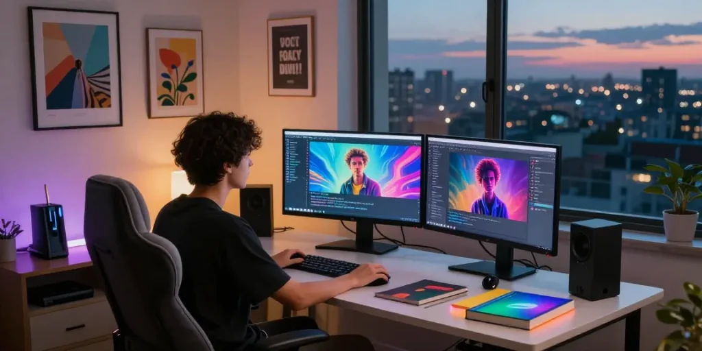 Immersive NSFW AI experience in a stylish home office setup illustrating vibrant digital interactions