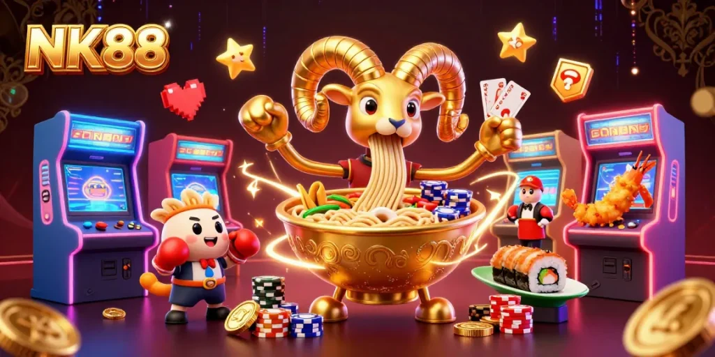 Experience the thrill of NK88 with vibrant casino characters and colorful gaming elements.