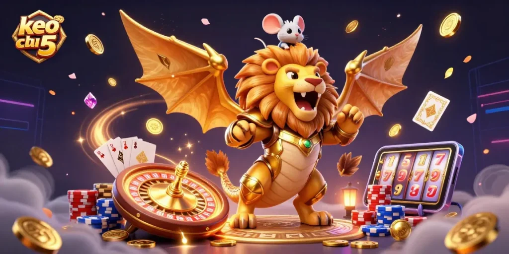 Bet on keo nha cai 5 with a triumphant chimera and a brave mouse jockey in a dynamic casino scene.