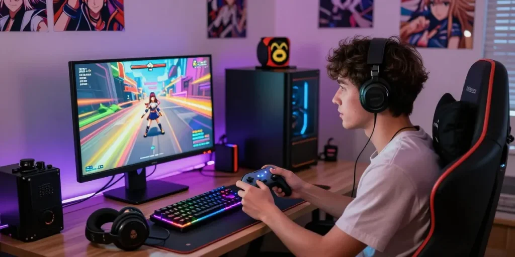Engaged gamer enjoying ecchi games in a colorful, vibrant gaming setup.