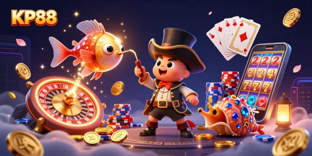 Experience fun and excitement at KP88 with a dazzling 3D casino scene filled with treasures and games.
