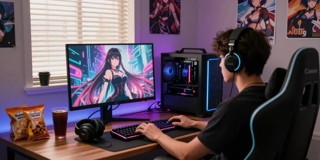 Player immersed in ecchi games within a cozy gaming setup featuring anime graphics and vibrant LED lighting.