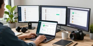 Using WhatsApp網頁版 on a laptop in a modern office workspace with tech gadgets.
