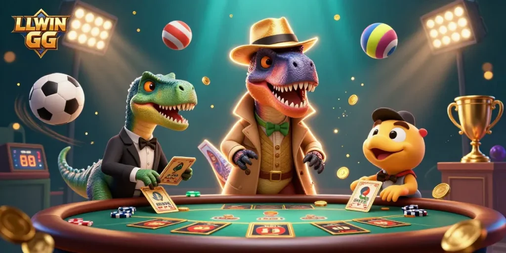LLWIN GG table action with a velociraptor, stegosaurus, and compy in thrilling gameplay.