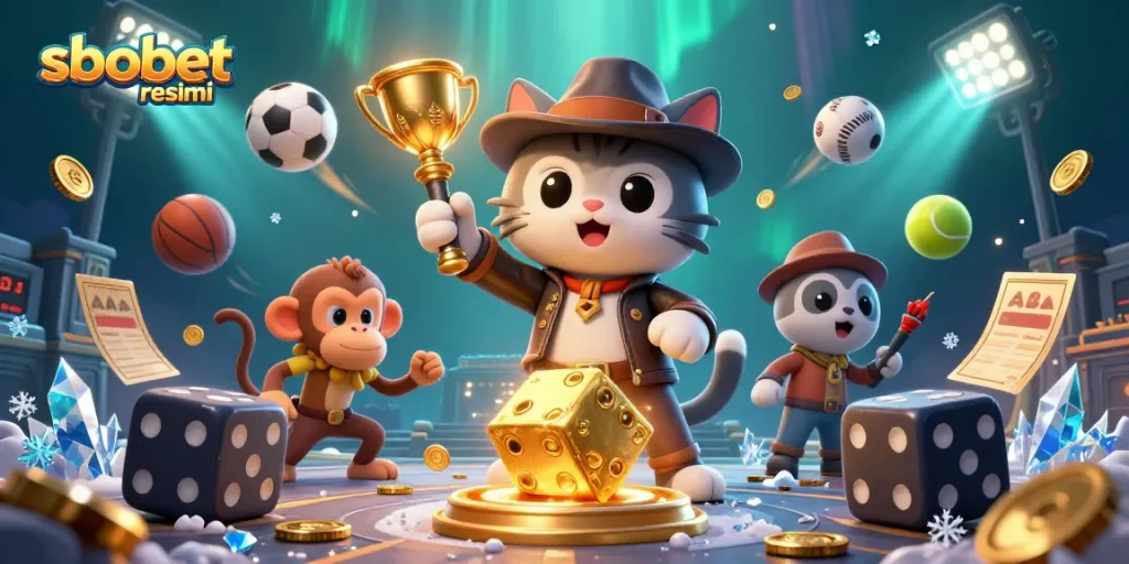 Engage with sbobet resmi for thrilling sports betting action in a vibrant 3D casino scene.