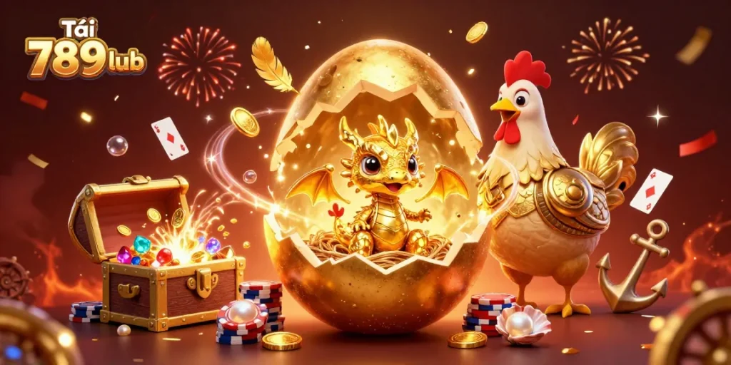 Join the excitement with Tải 789club, where a golden baby dragon and poker chips await you.