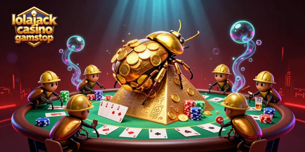 Experience thrilling gaming at lolajack casino gamstop while vibrant beetles roll gold coins up a pyramid.
