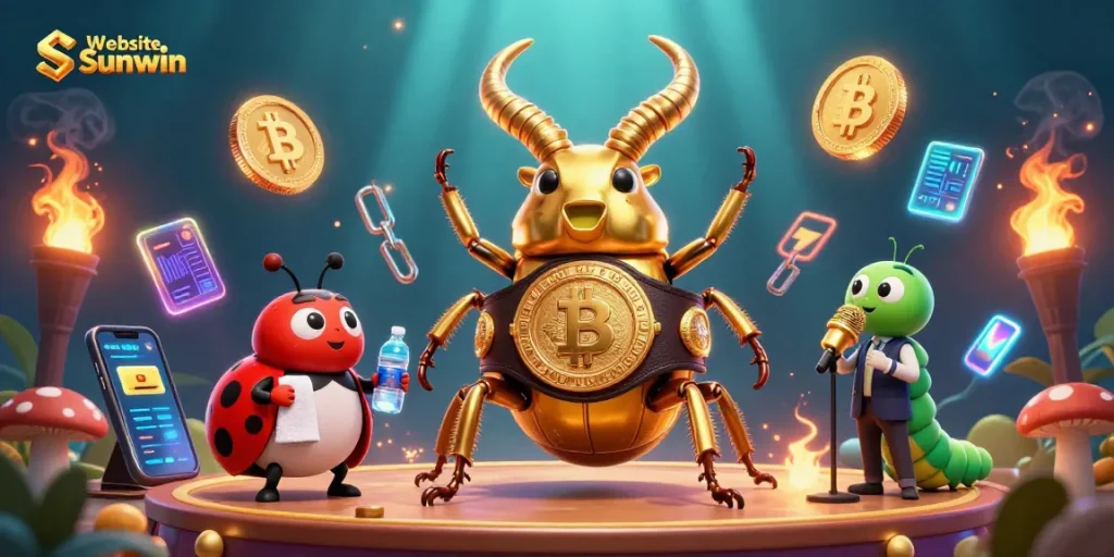 Join the action at Website Sunwin with golden stag beetles surrounded by crypto elements in a vibrant casino scene.