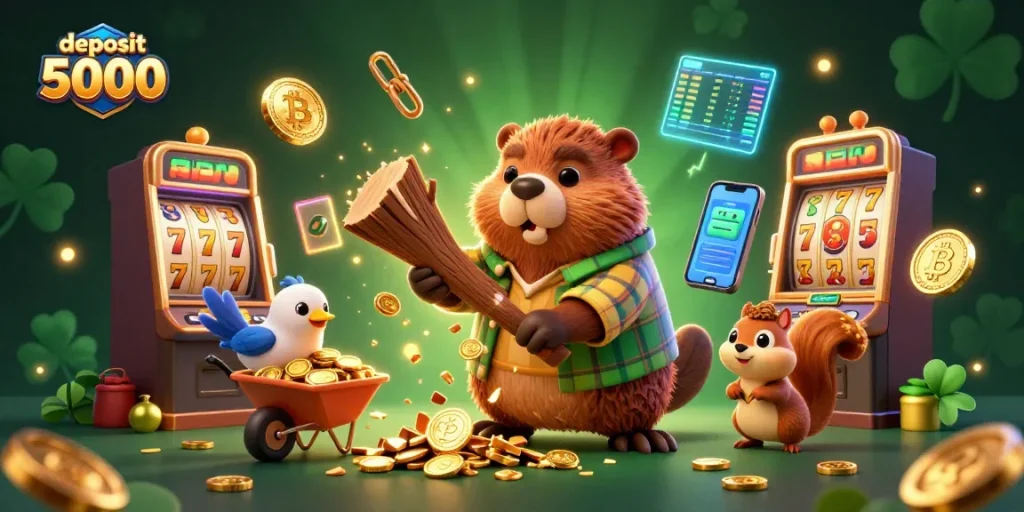 Spin to win at deposit 5000, where golden coins rain down from slot reels and fun characters collect rewards.