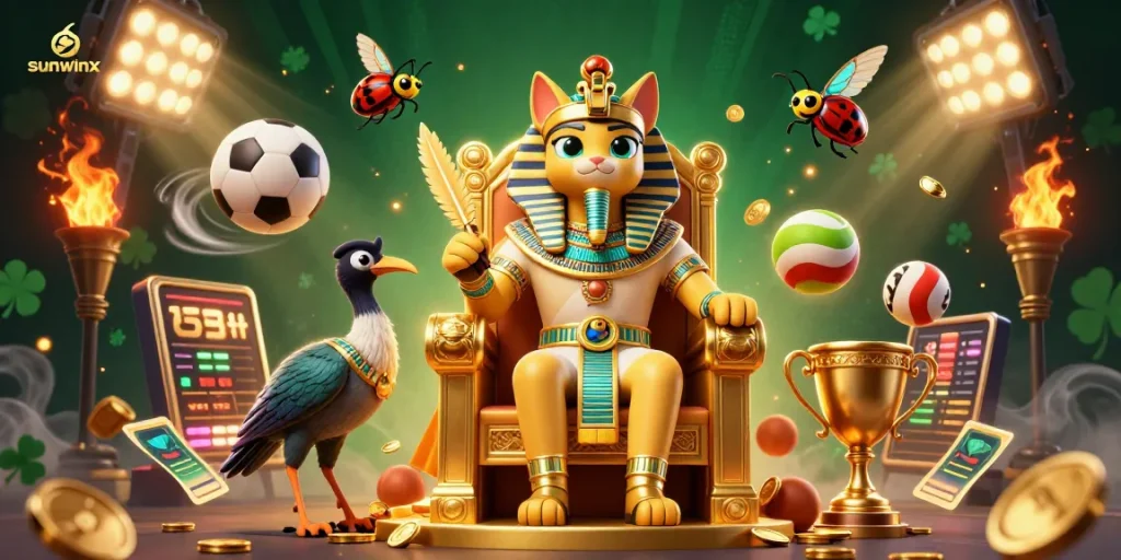 Exciting sunwinx gaming moment with Egyptian pharaoh cat and vibrant sports elements