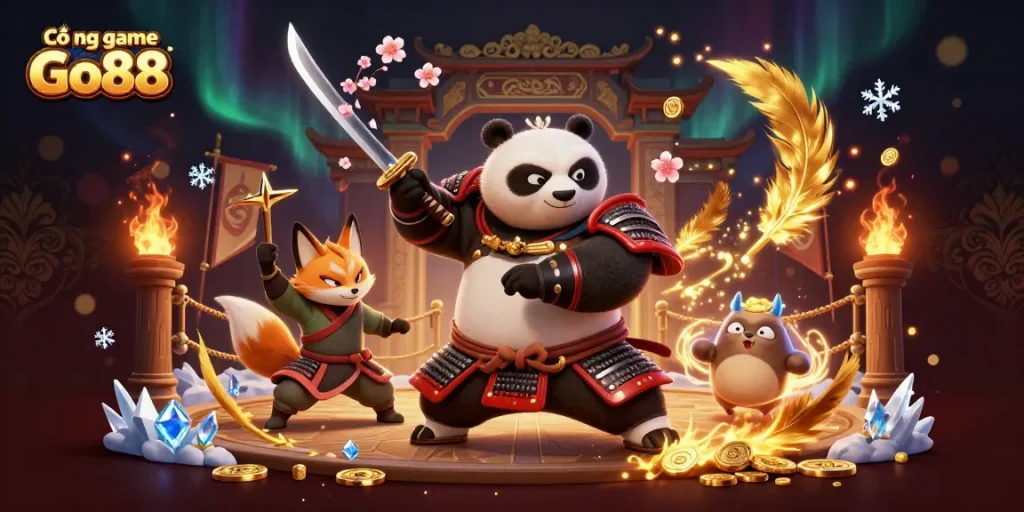 Experience the excitement at Cổng game Go88 with samurai panda and ninja fox in action.